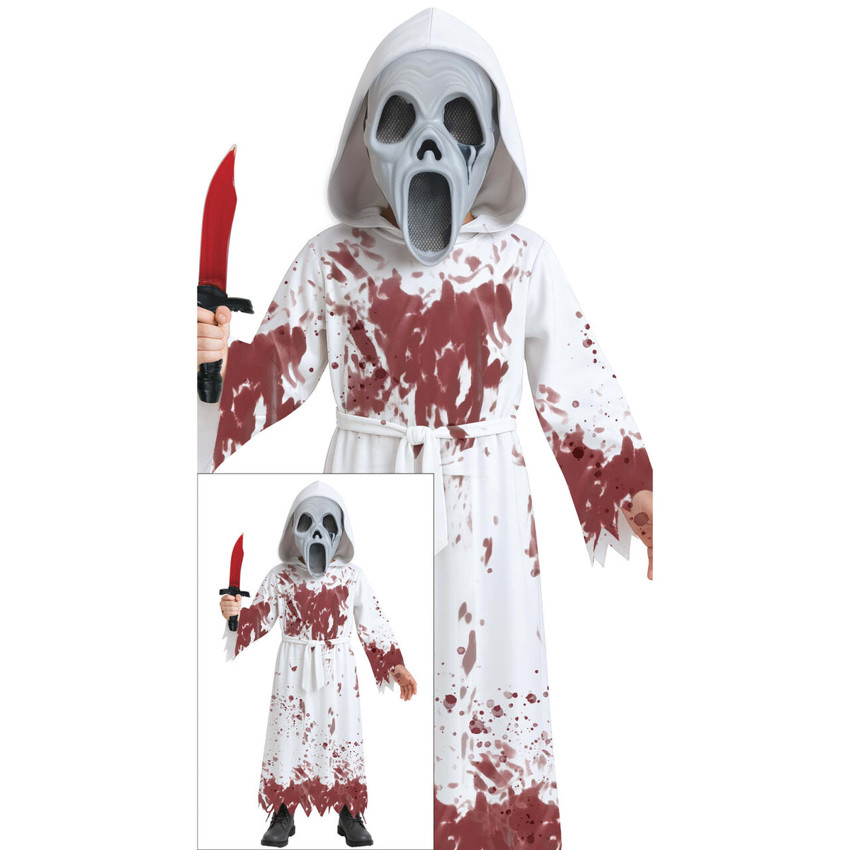 Op deze afbeelding zie je een Kostuums, van het merk Guirca. Schreeuwende Spook Onder Het Bloed Kind Kostuum