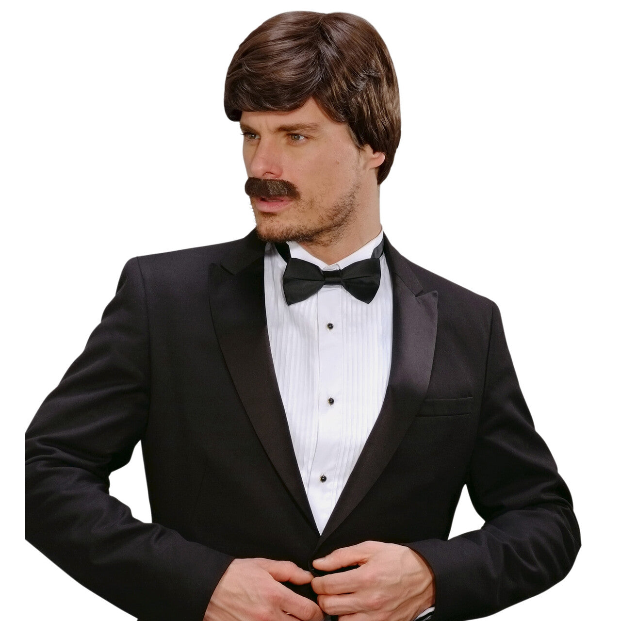 Op deze afbeelding zie je een Accessoires, van het merk Widmann. Pruik Playboy Met Snor Bruin
