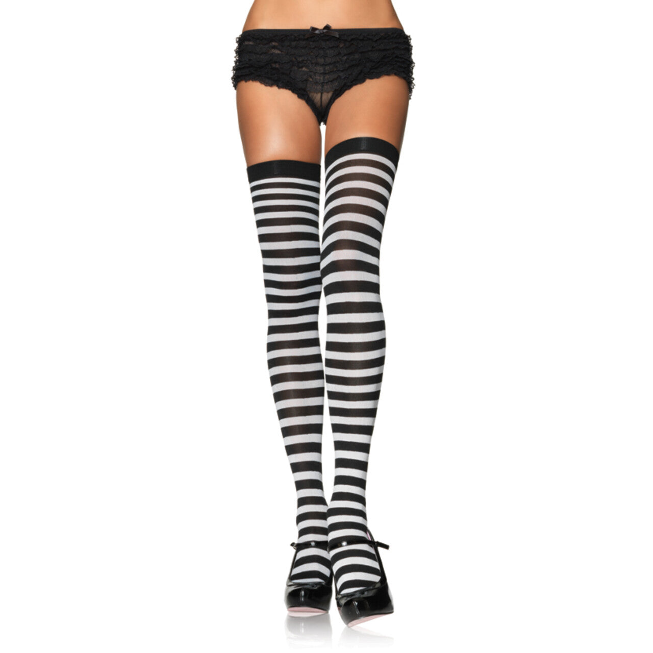 Op deze afbeelding zie je een Accessoires, van het merk Leg Avenue. Gestreepte Kousen Zwart-Wit