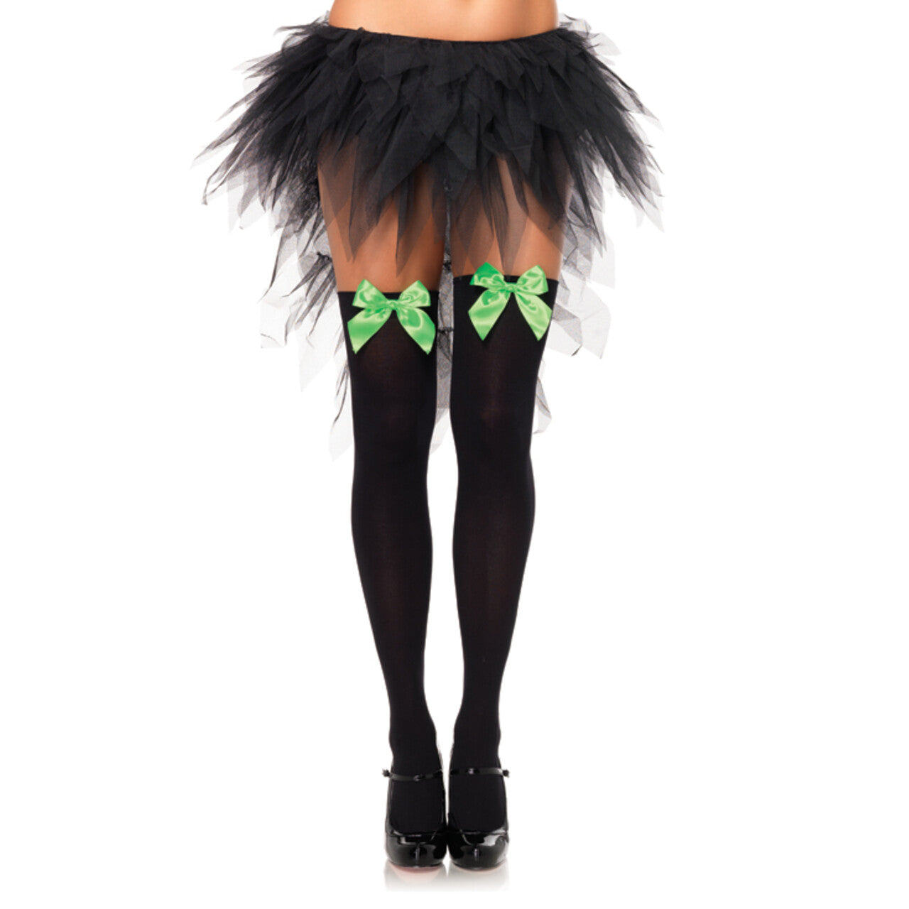 Op deze afbeelding zie je een Accessoires, van het merk Leg Avenue. Zwarte Nylon Kniekousen Met Neon Groene Strik