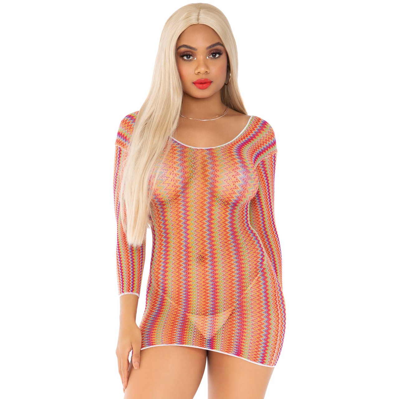 Op deze afbeelding zie je een Kostuums, van het merk Leg Avenue. Zig Zag Rainbow Net Mini Dress Vrouw