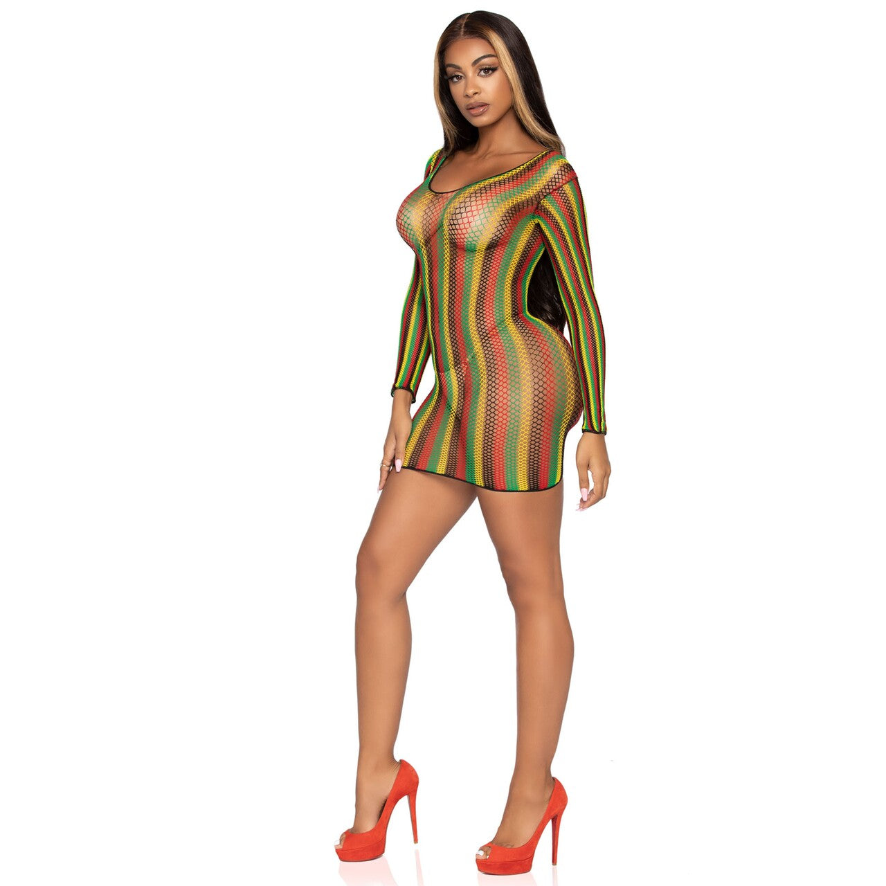 Op deze afbeelding zie je een Kostuums, van het merk Leg Avenue. Rasta Net Long Sleeve Mini Dress Vrouw