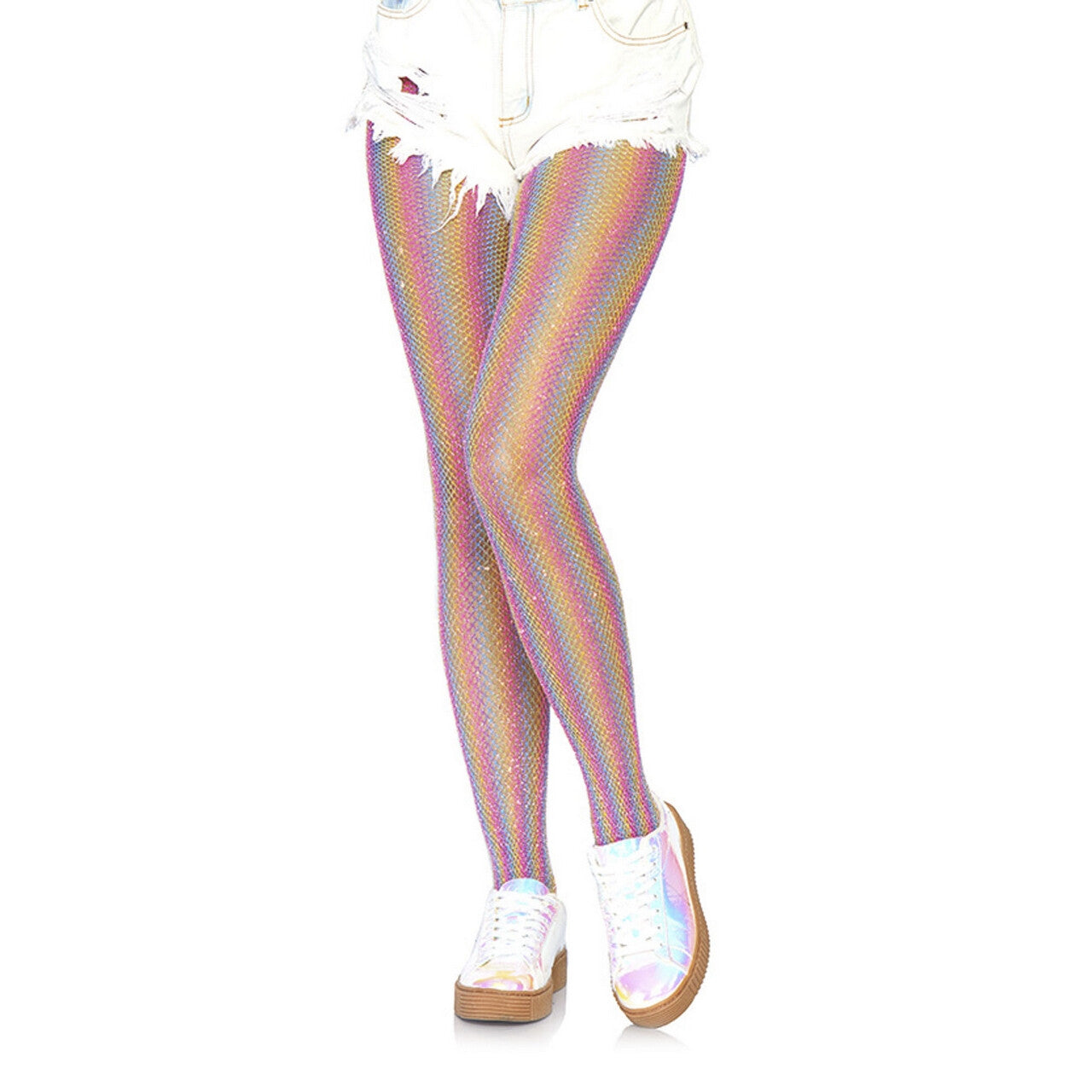 Op deze afbeelding zie je een Accessoires, van het merk Leg Avenue. Glinsterende Regenboog Visnet Panty Roze