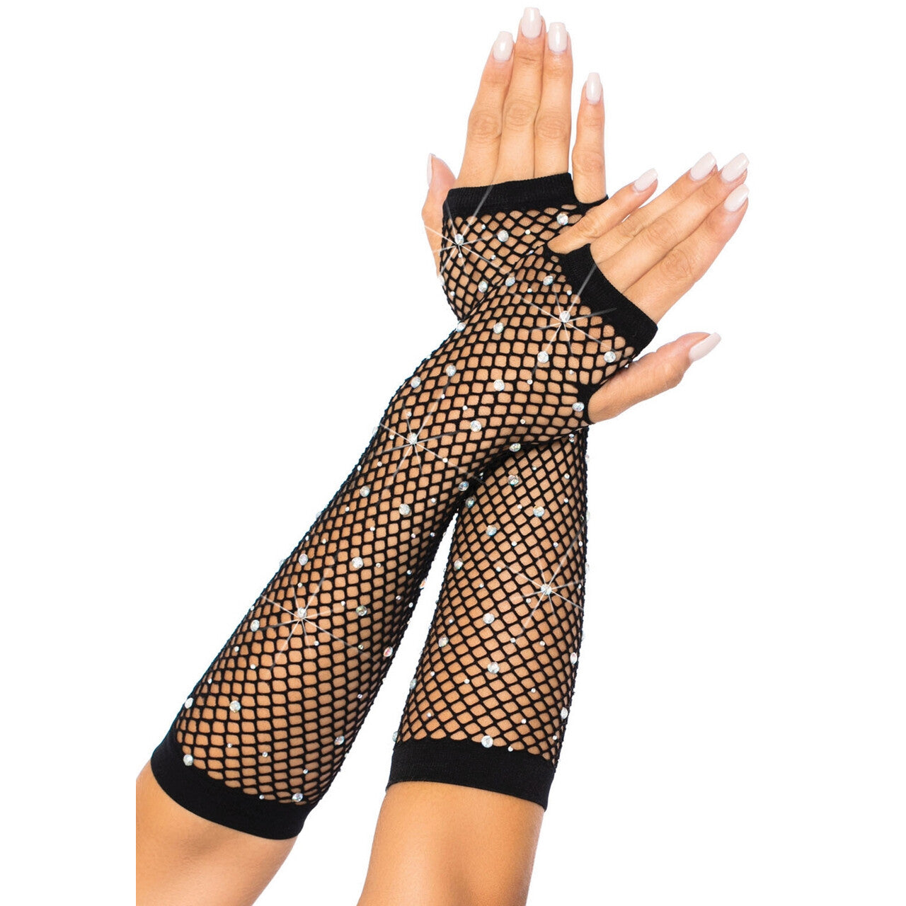 Op deze afbeelding zie je een Accessoires, van het merk Leg Avenue. Zwarte Visnet Vingerloze Handschoen Met Strass