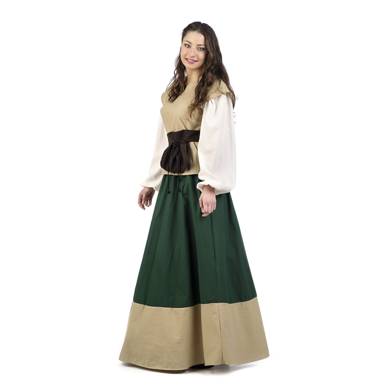Op deze afbeelding zie je een Kostuums, van het merk Limit. Beige Groen Middeleeuwse Dame Klaartje Van Nimwegen Vrouw Kostuum