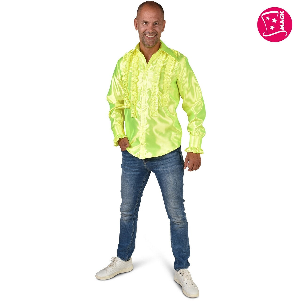 Op deze afbeelding zie je een Kostuums, van het merk Magic By Freddy's. Rouchen Blouse Neon Geel Disco Party Man