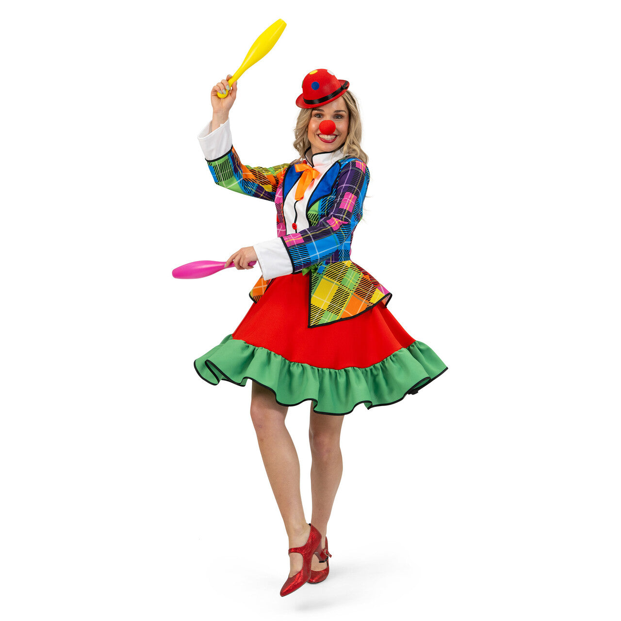 Op deze afbeelding zie je een Kostuums, van het merk Magic By Freddy's. Regenboog Clown Pipo Pracht Vrouw Kostuum