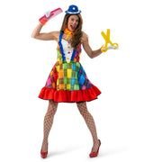 Op deze afbeelding zie je een Kostuums, van het merk Magic By Freddy's. Rainbow Clown Clumpsy Vrouw Kostuum