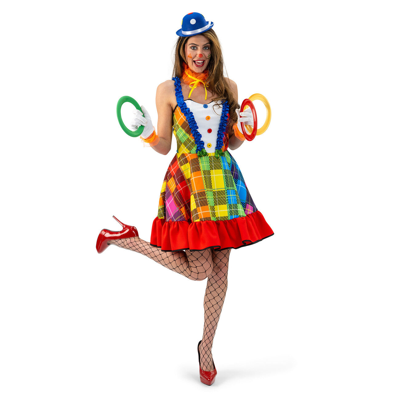 Op deze afbeelding zie je een Kostuums, van het merk Magic By Freddy's. Rainbow Clown Clumpsy Vrouw Kostuum