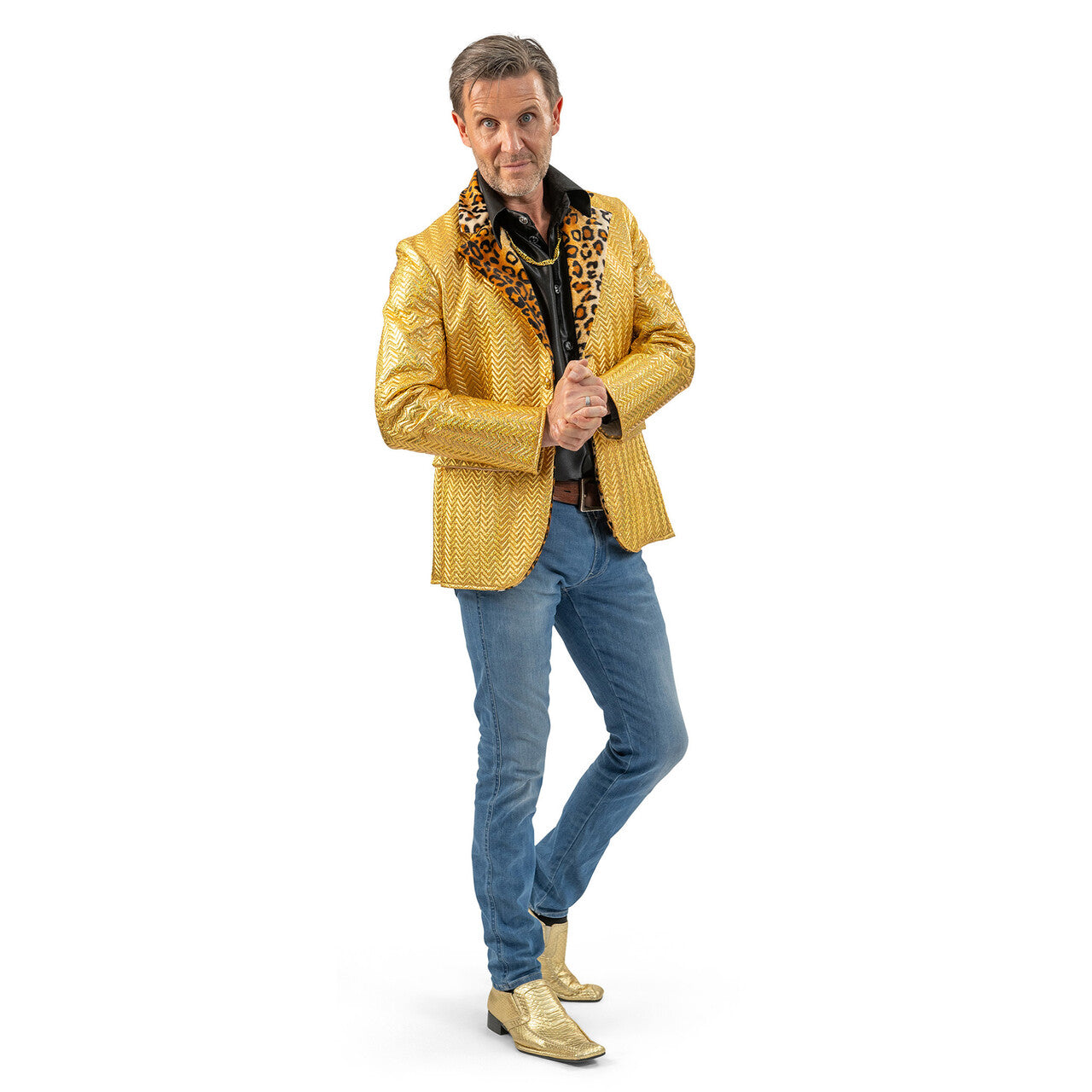 Op deze afbeelding zie je een Kostuums, van het merk Magic By Freddy's. Gouden Colbert Met Tijgerprint Man