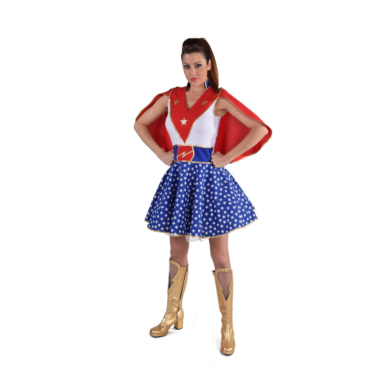 Op deze afbeelding zie je een Kostuums, van het merk Magic By Freddy's. Super Ster Super Girl Vrouw Kostuum