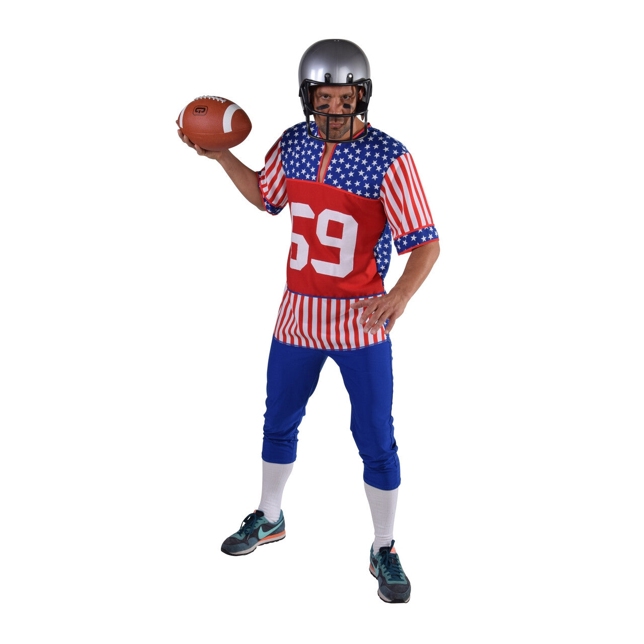 Op deze afbeelding zie je een Kostuums, van het merk Magic By Freddy's. American Footballer Stars And Stripes Man Kostuum