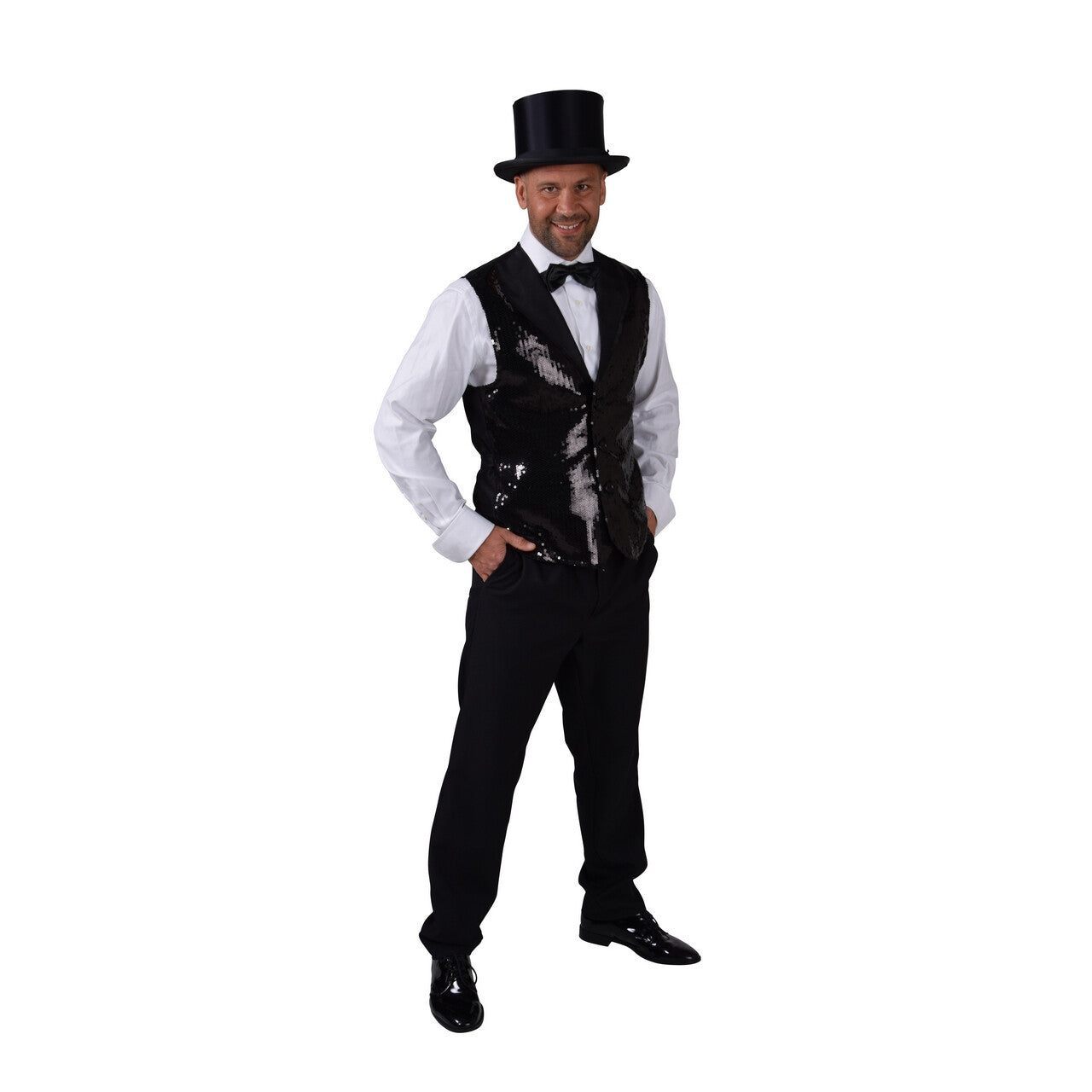 Op deze afbeelding zie je een Kostuums, van het merk Magic By Freddy's. Vest Showman Theater Zwarte Pailletten