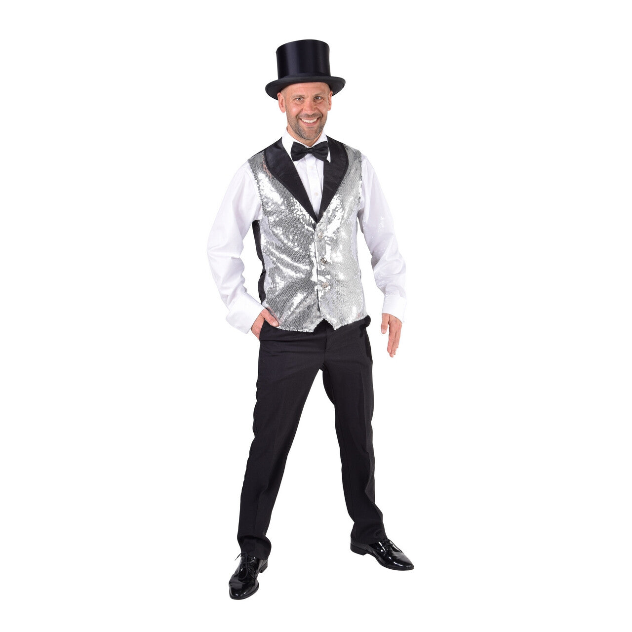 Op deze afbeelding zie je een Kostuums, van het merk Magic By Freddy's. Vest Showman Theater Zilveren Pailletten