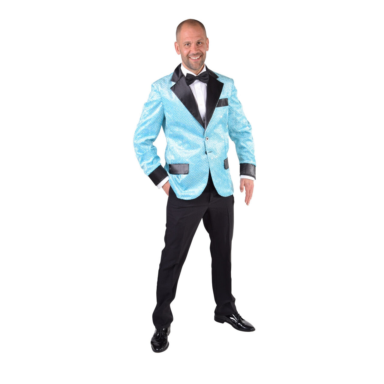 Op deze afbeelding zie je een Kostuums, van het merk Magic By Freddy's. Glitter Colbert Casino Royal Lichtblauw Man