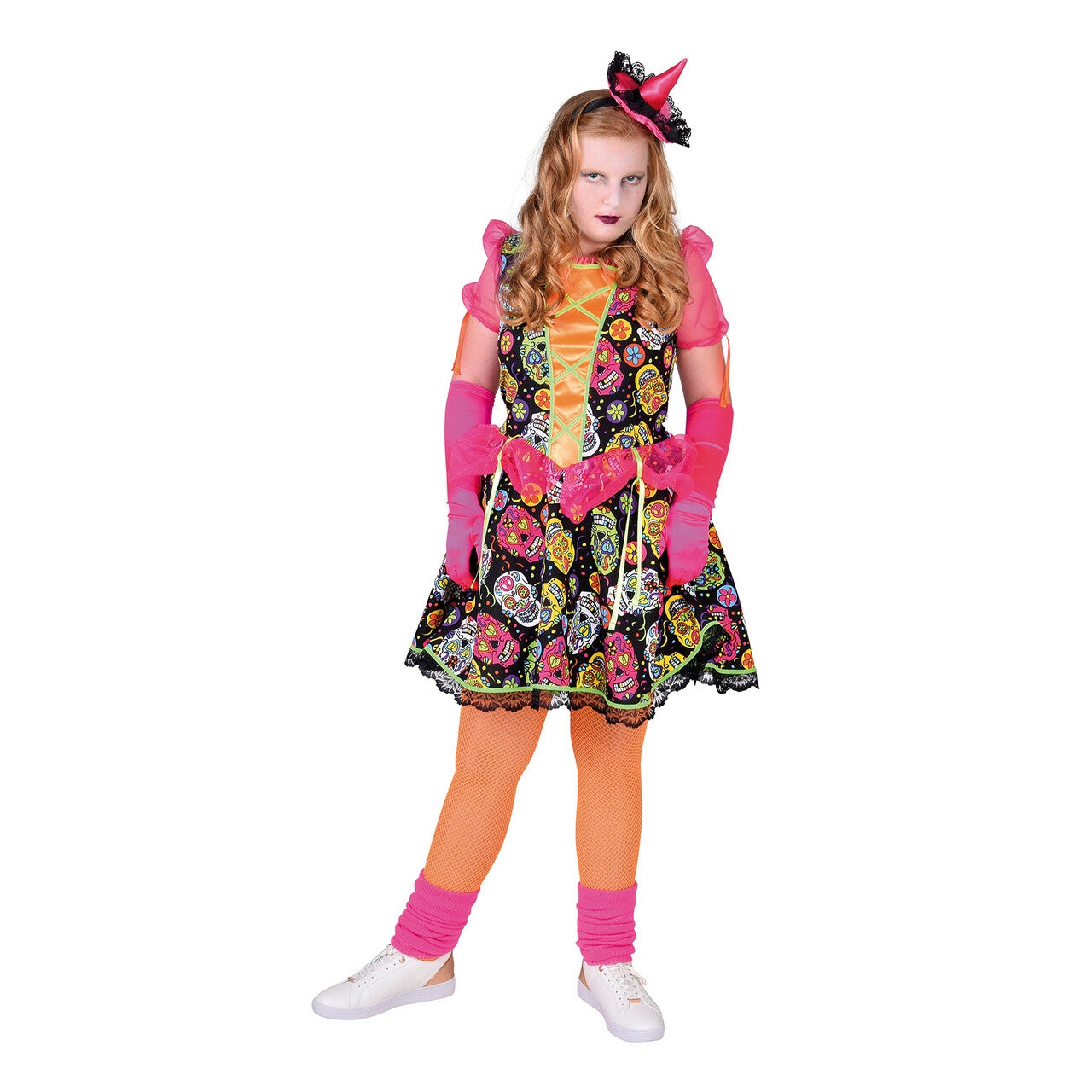 Op deze afbeelding zie je een Kostuums, van het merk Magic By Freddy's. Dia De Los Muertos Met Grijnzende Schedels Meisje Kostuum