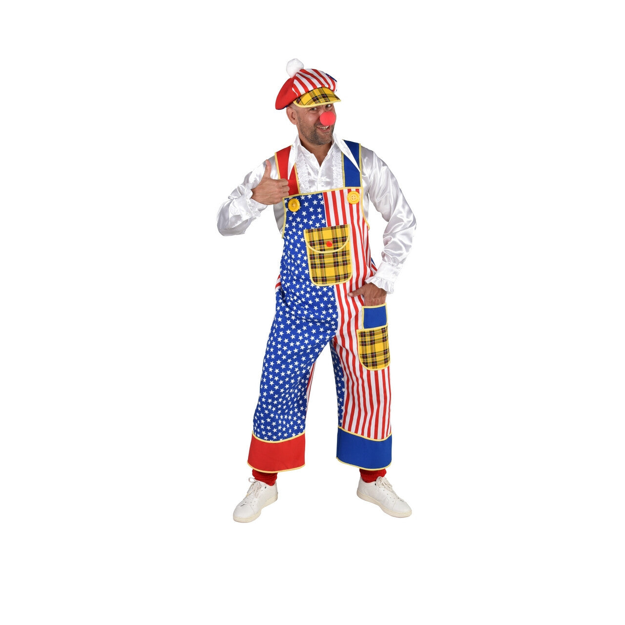 Op deze afbeelding zie je een Kostuums, van het merk Magic By Freddy's. Tuinbroek Clown Donald USA Man Kostuum