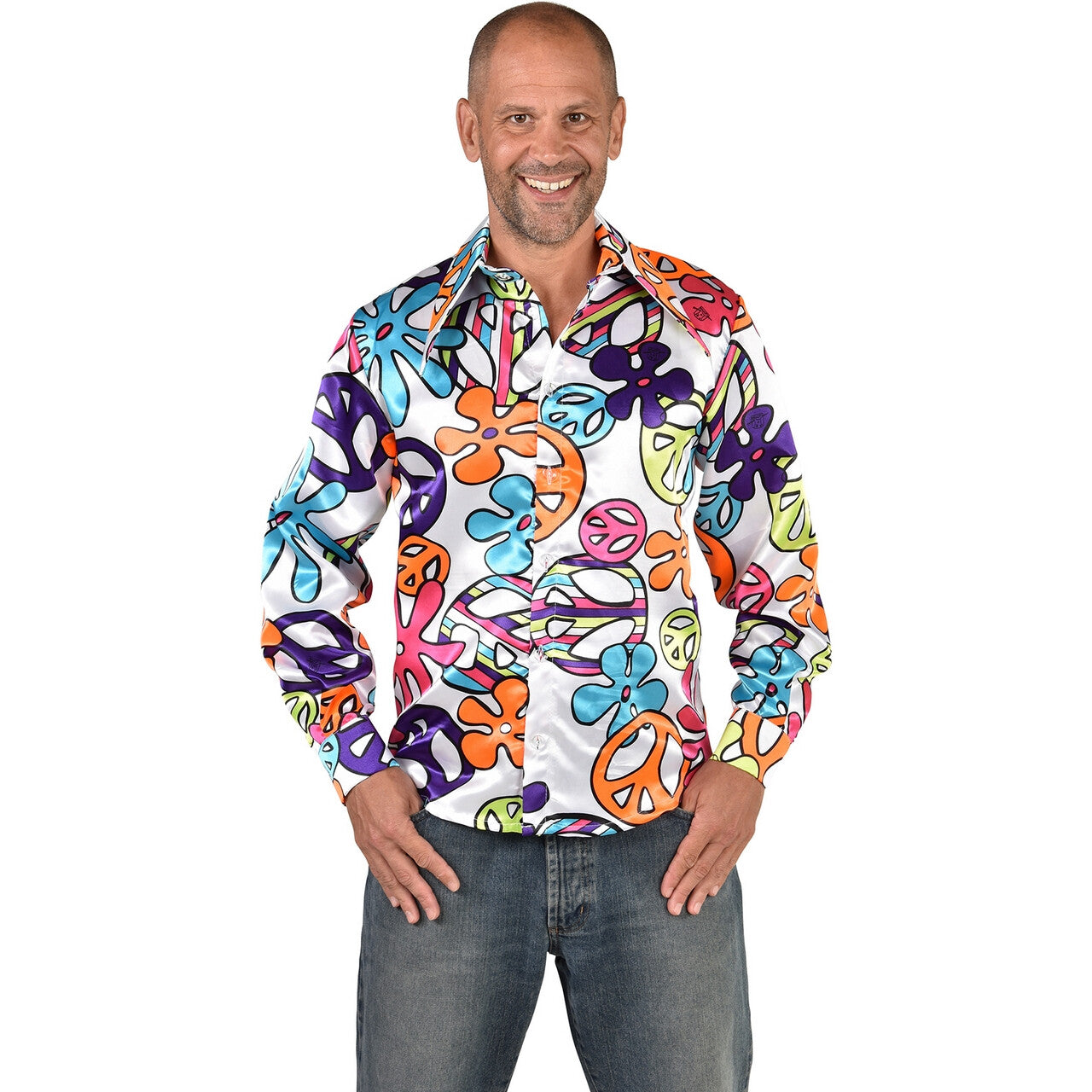 Op deze afbeelding zie je een Kostuums, van het merk Magic By Freddy's. Kleurrijke Peace Hippie Man