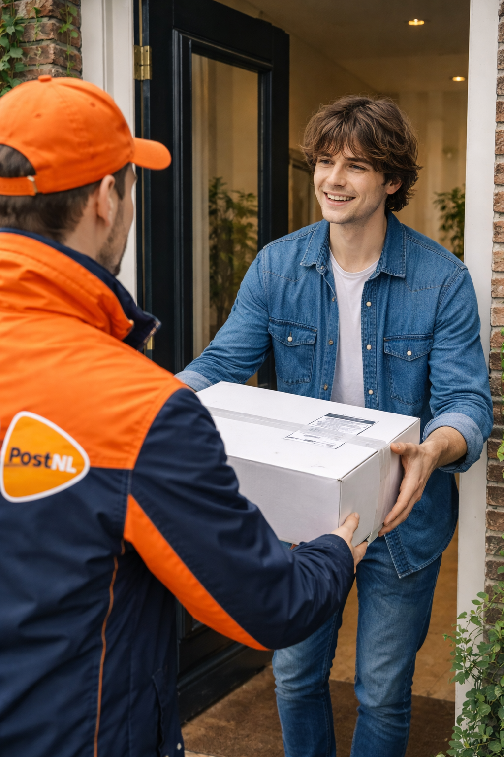 Meneer die een pakket krijgt aangereikt van een PostNL bezorger