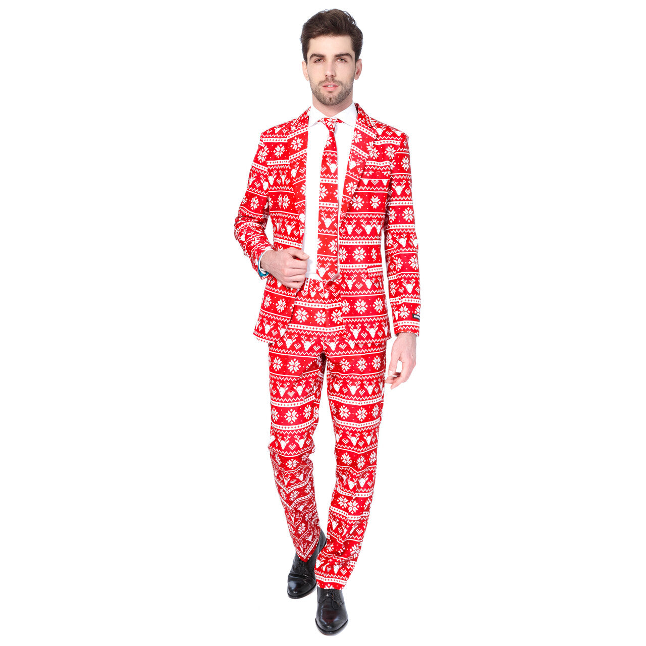 Op deze afbeelding zie je een Kostuums, van het merk Suitmeister. Rendier Christmas Red Nordic Opposuit Driedelig Rood Man Kostuum