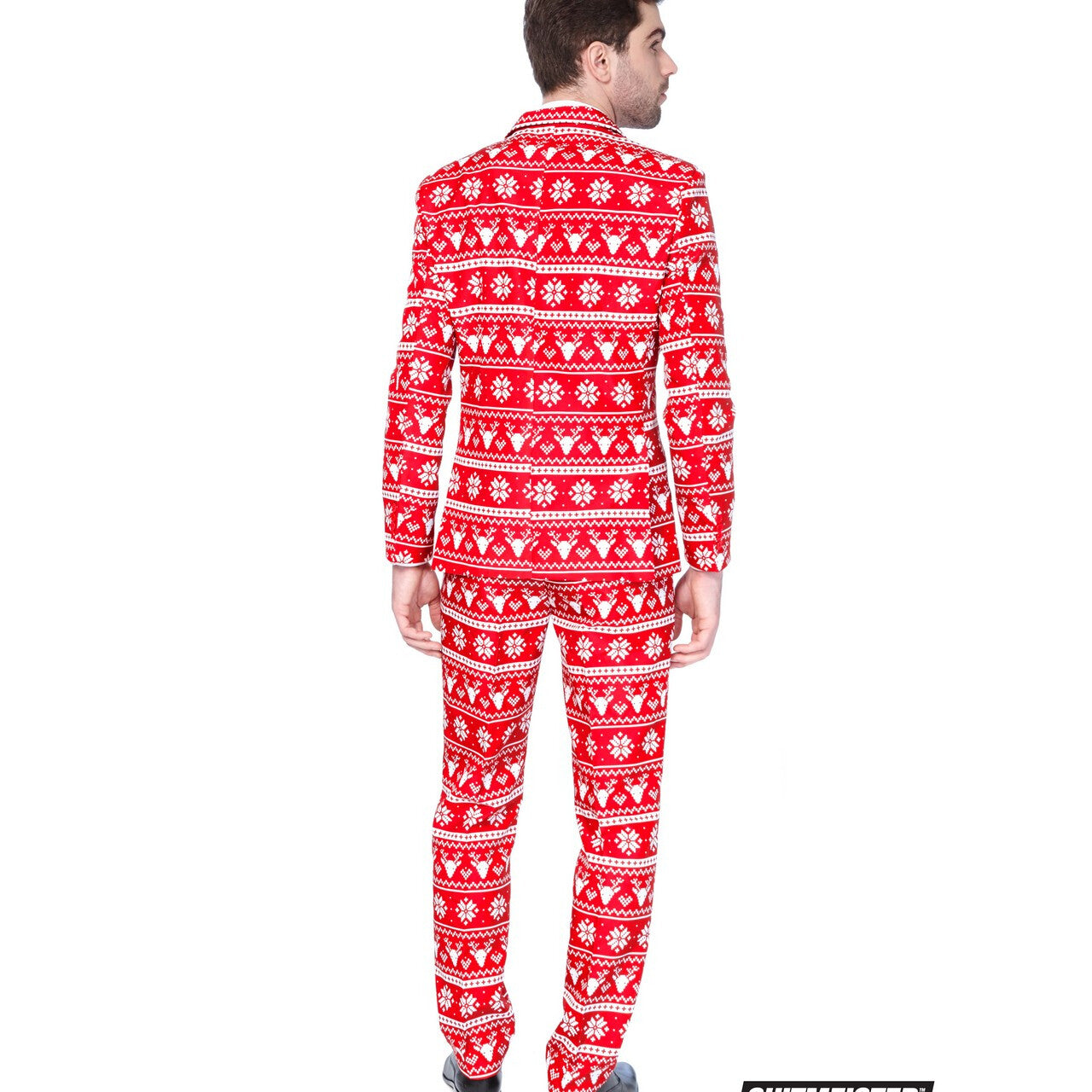 Op deze afbeelding zie je een Kostuums, van het merk Suitmeister. Rendier Christmas Red Nordic Opposuit Driedelig Rood Man Kostuum