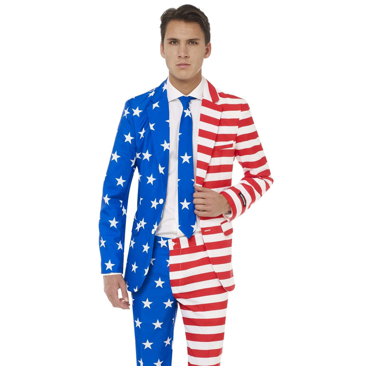 Op deze afbeelding zie je een Kostuums, van het merk Suitmeister. USA Flag Patriot Opposuit Man Kostuum