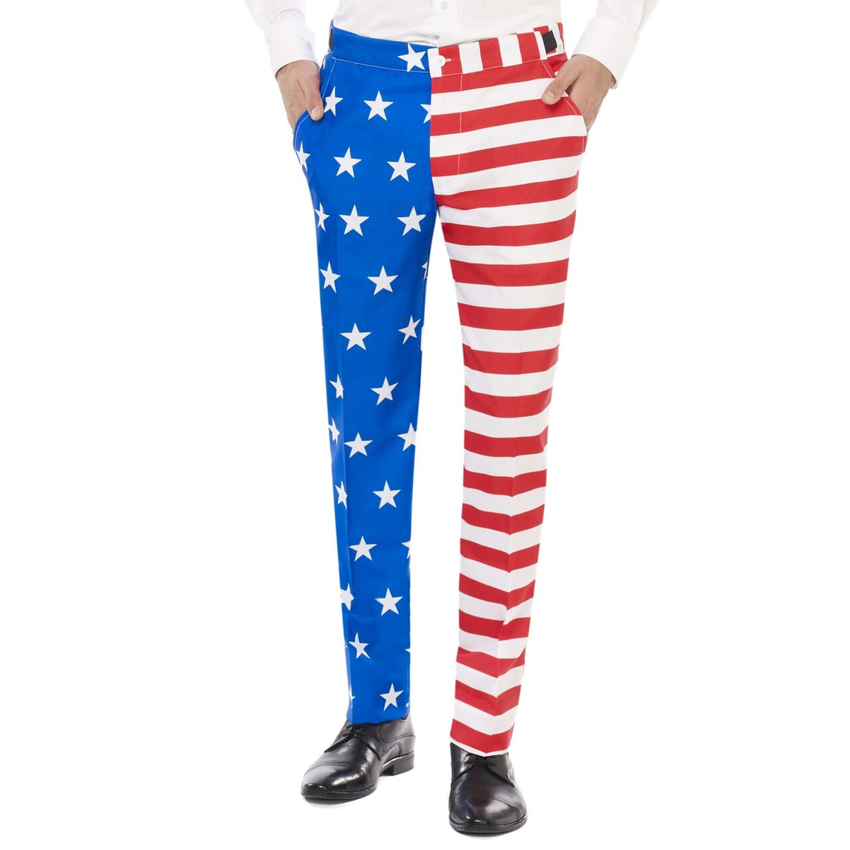 Op deze afbeelding zie je een Kostuums, van het merk Suitmeister. USA Flag Patriot Opposuit Man Kostuum