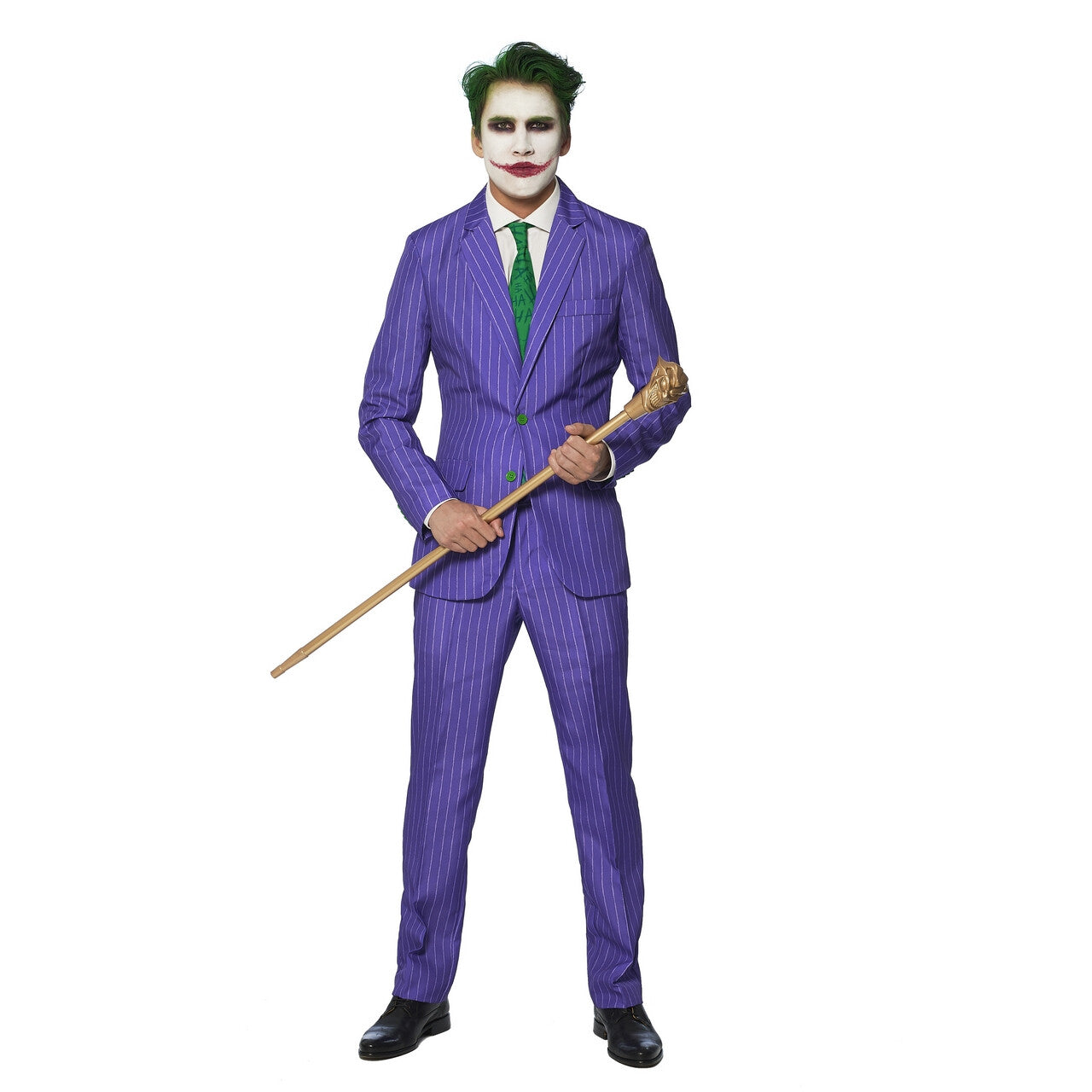Op deze afbeelding zie je een Kostuums, van het merk Suitmeister. The Joker™ Haha Paars Gestreept Man Kostuum