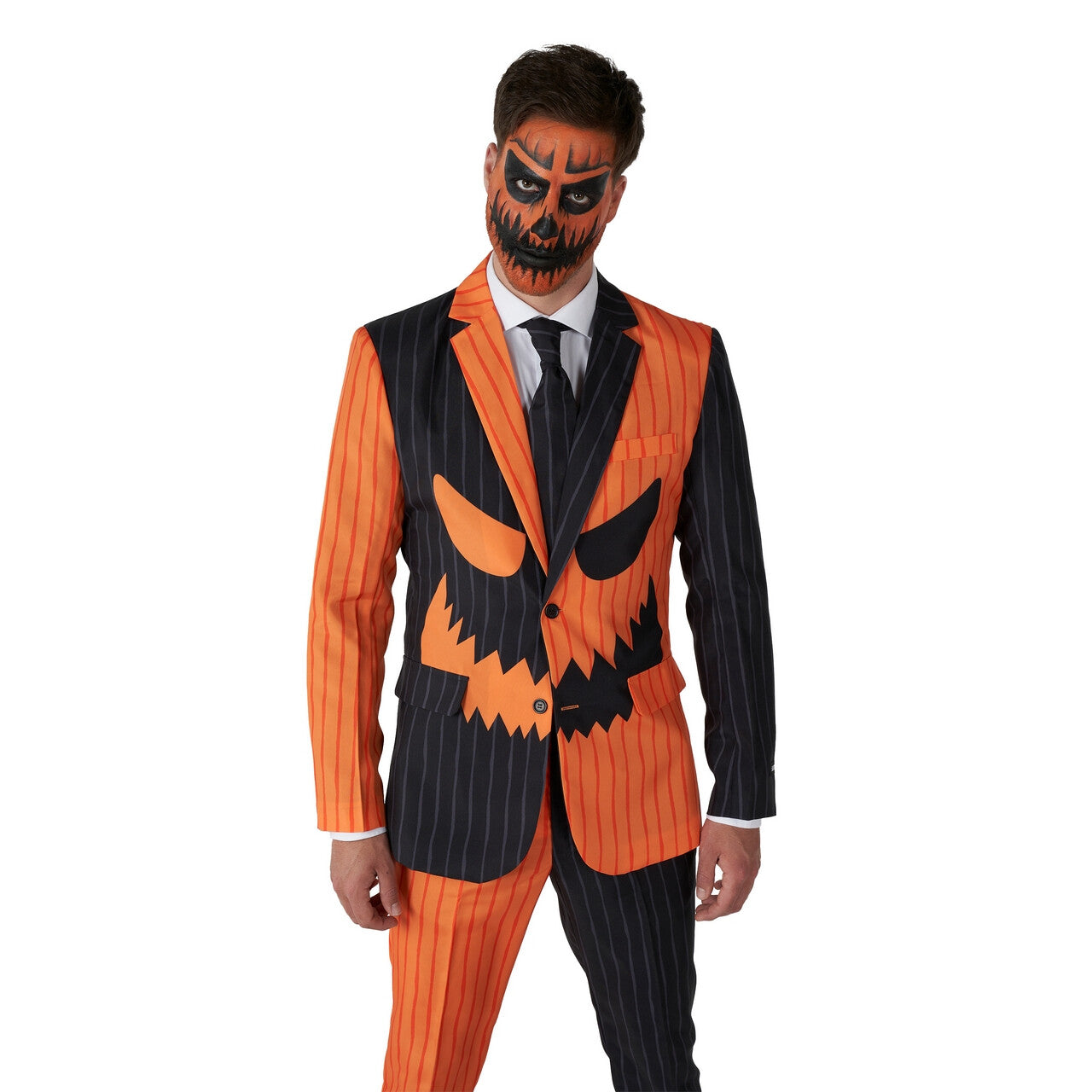 Op deze afbeelding zie je een Kostuums, van het merk Suitmeister. Jack-O Pinstripe Black Oranje Zwart Man Kostuum
