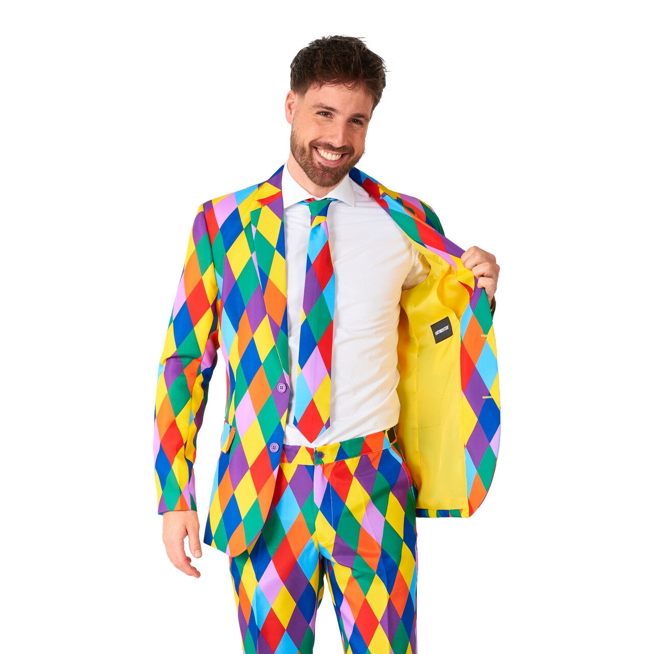 Op deze afbeelding zie je een Kostuums, van het merk Suitmeister. Happy Harley Clown Man Kostuum