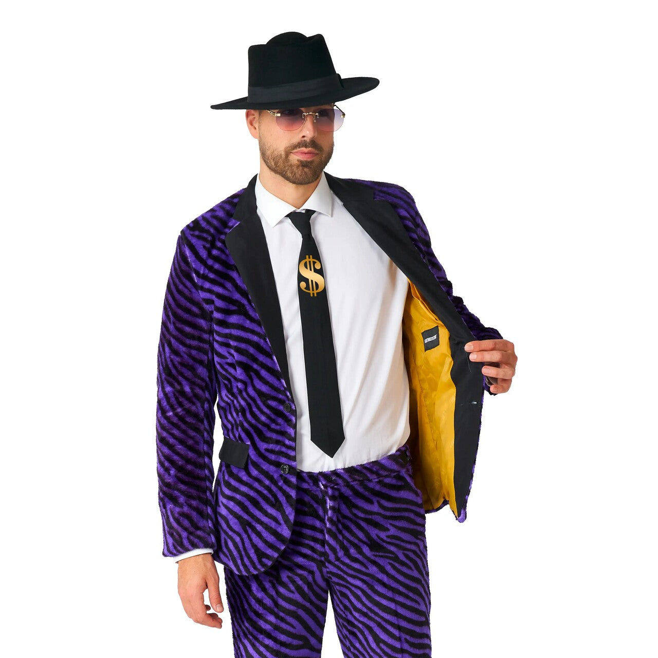 Op deze afbeelding zie je een Kostuums, van het merk Suitmeister. Purple Pimp Tiger Soft Fleece Man Kostuum
