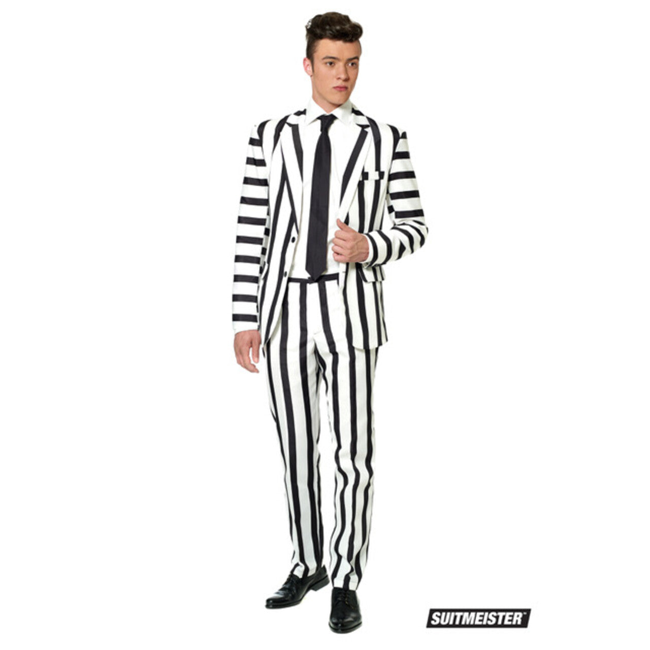 Op deze afbeelding zie je een Kostuums, van het merk Suitmeister. Popart Striped Black White Suitmeister Man Kostuum