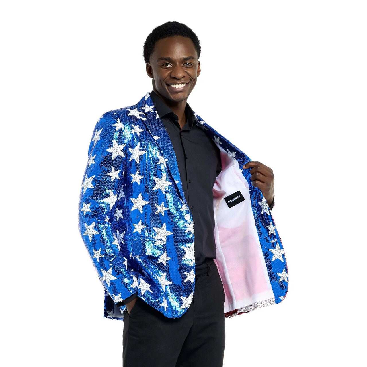 Op deze afbeelding zie je een Kostuums, van het merk Opposuits. Sequins Stars & Stripes USA Blazer Man