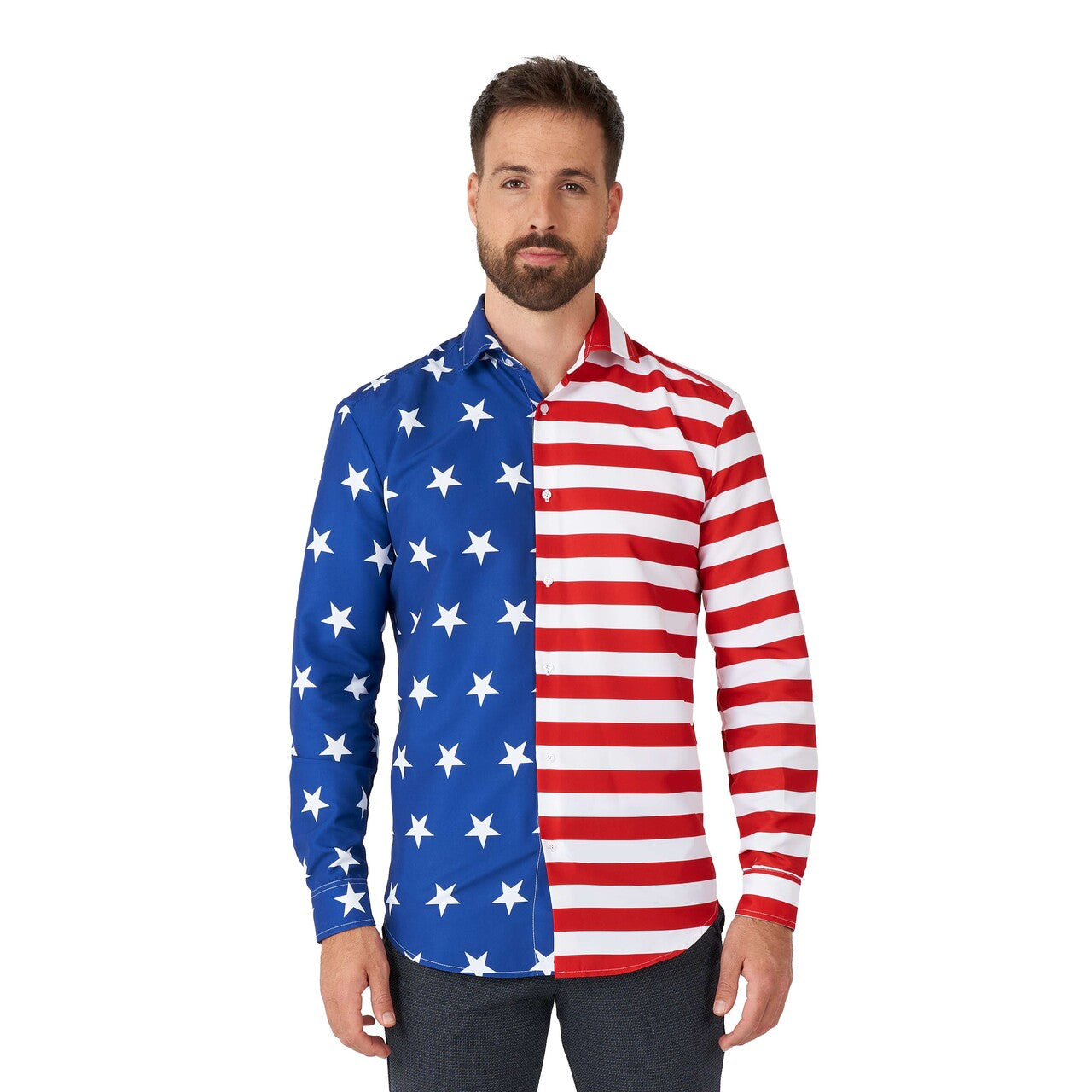 Op deze afbeelding zie je een Kostuums, van het merk Suitmeister. USA Flag Man Kostuum