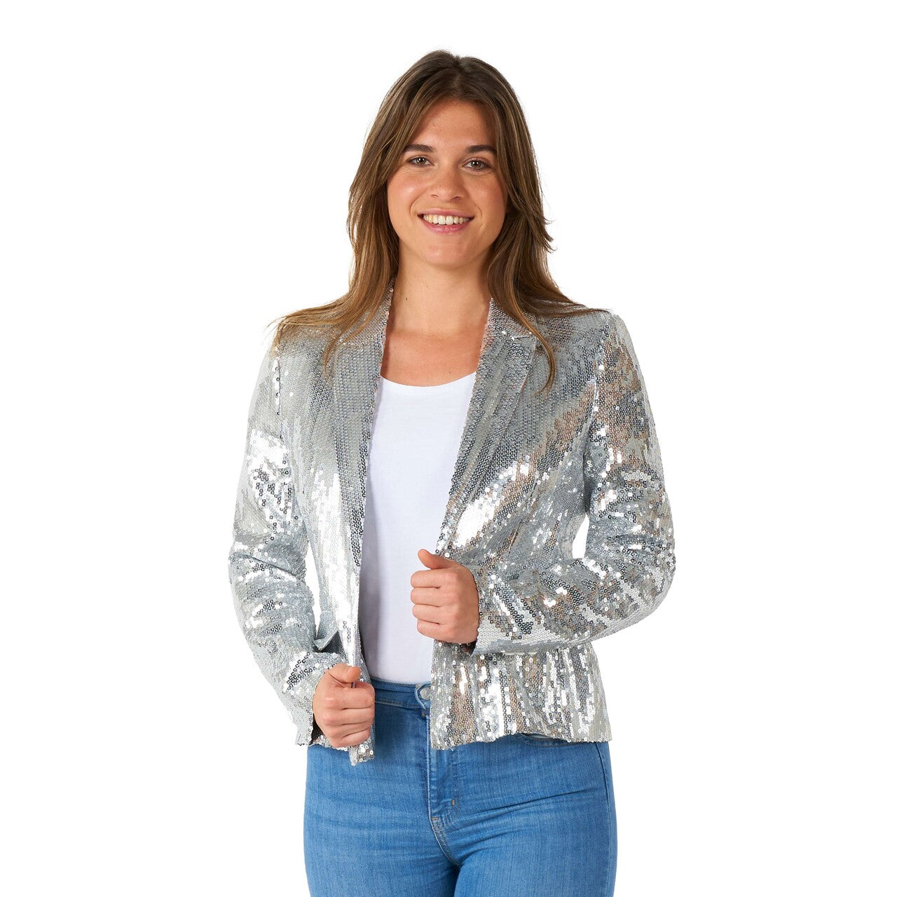 Op deze afbeelding zie je een Kostuums, van het merk Suitmeister. Wmns Sequins Silver Vrouw Kostuum