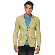 Op deze afbeelding zie je een Kostuums, van het merk Opposuits. Yellow Striped 80s Animal Jas Man