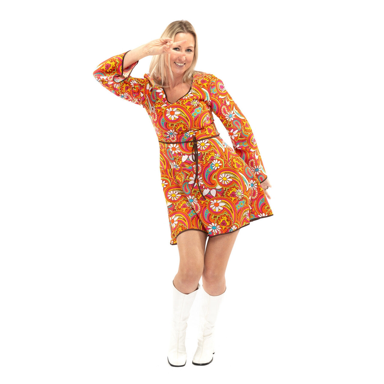 Op deze afbeelding zie je een Kostuums, van het merk Original Replicas. Oranje Kort Jaren 70 Hippie Soul Disco 60s Bloemen Pretty Paisley Vrouw Kostuum