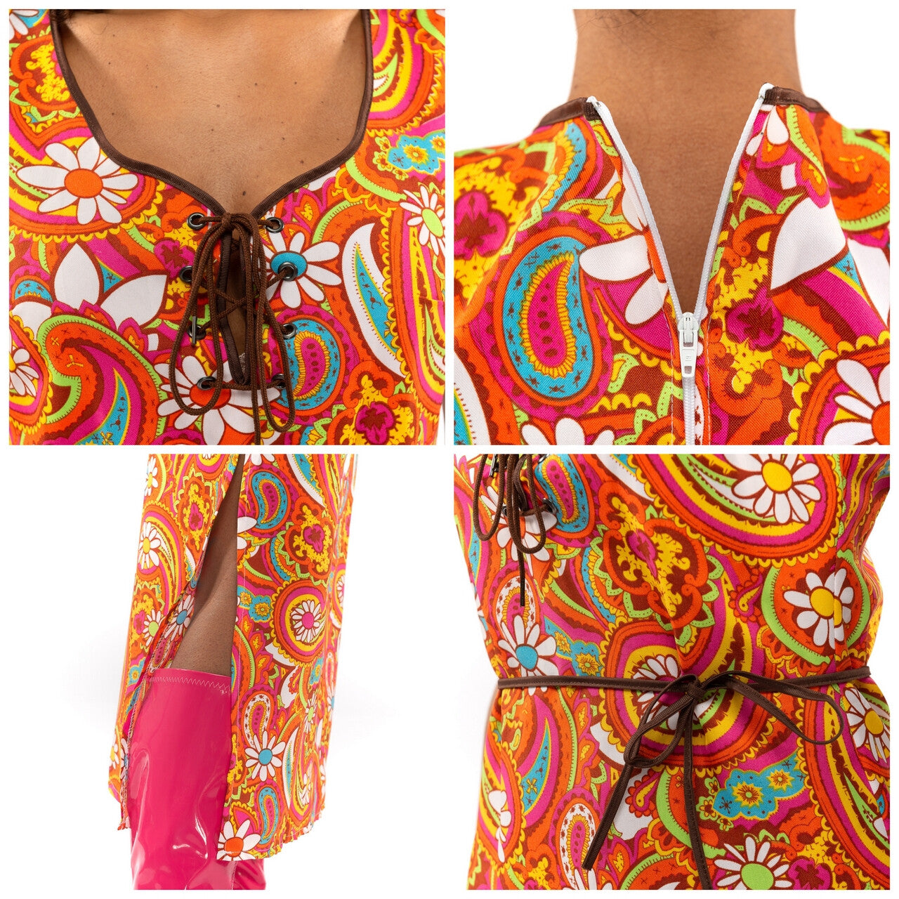 Op deze afbeelding zie je een Kostuums, van het merk Original Replicas. Oranje Lang Jaren 70 En 60 Hippie Bloemen Soul Disco Pretty Paisley Vrouw Kostuum