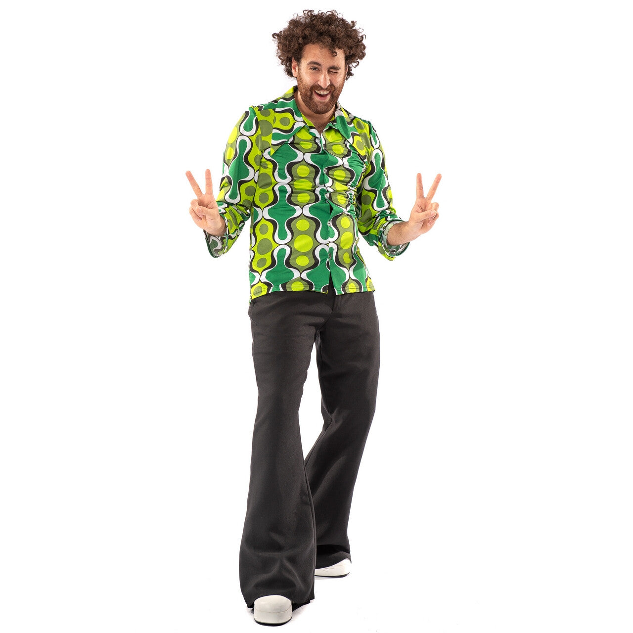 Op deze afbeelding zie je een Kostuums, van het merk Original Replicas. Jaren 70 Hippie Soul Disco 60s Ga Voor Groen Shirt Man
