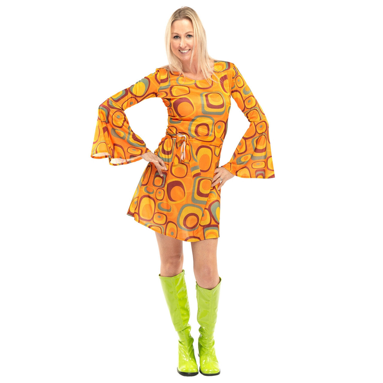 Op deze afbeelding zie je een Kostuums, van het merk Original Replicas. Jaren 70 Hippie Soul Disco 60s Agent Orange Jurk Vrouw