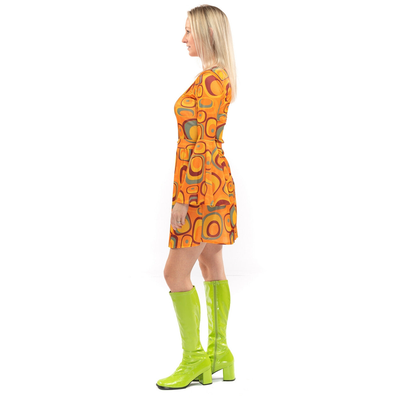 Op deze afbeelding zie je een Kostuums, van het merk Original Replicas. Jaren 70 Hippie Soul Disco 60s Agent Orange Jurk Vrouw