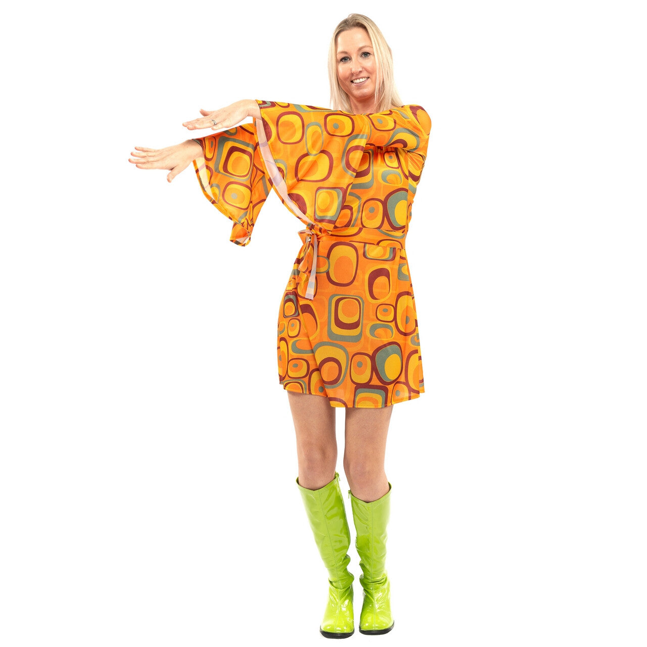 Op deze afbeelding zie je een Kostuums, van het merk Original Replicas. Jaren 70 Hippie Soul Disco 60s Agent Orange Jurk Vrouw
