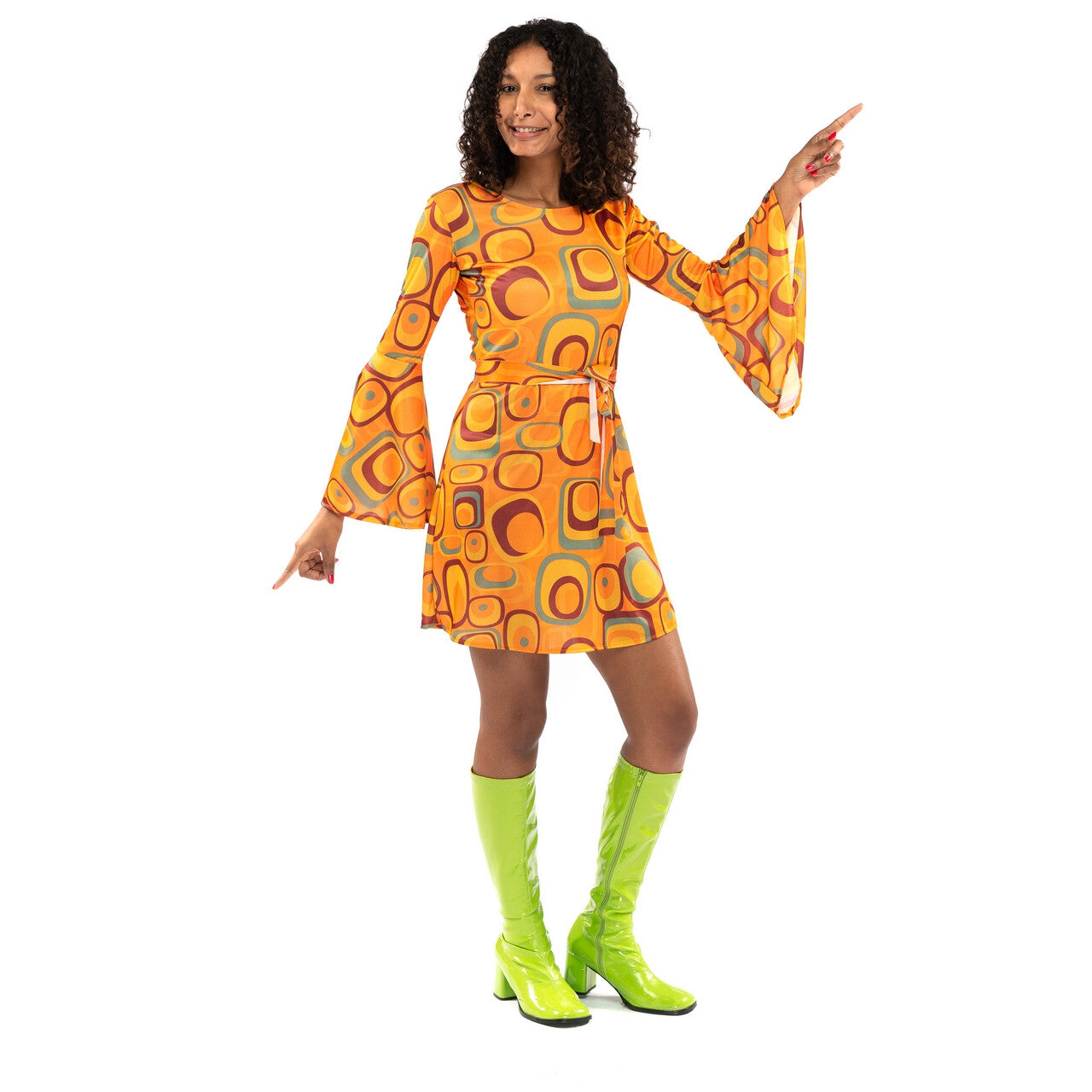 Op deze afbeelding zie je een Kostuums, van het merk Original Replicas. Jaren 70 Hippie Soul Disco 60s Agent Orange Jurk Vrouw