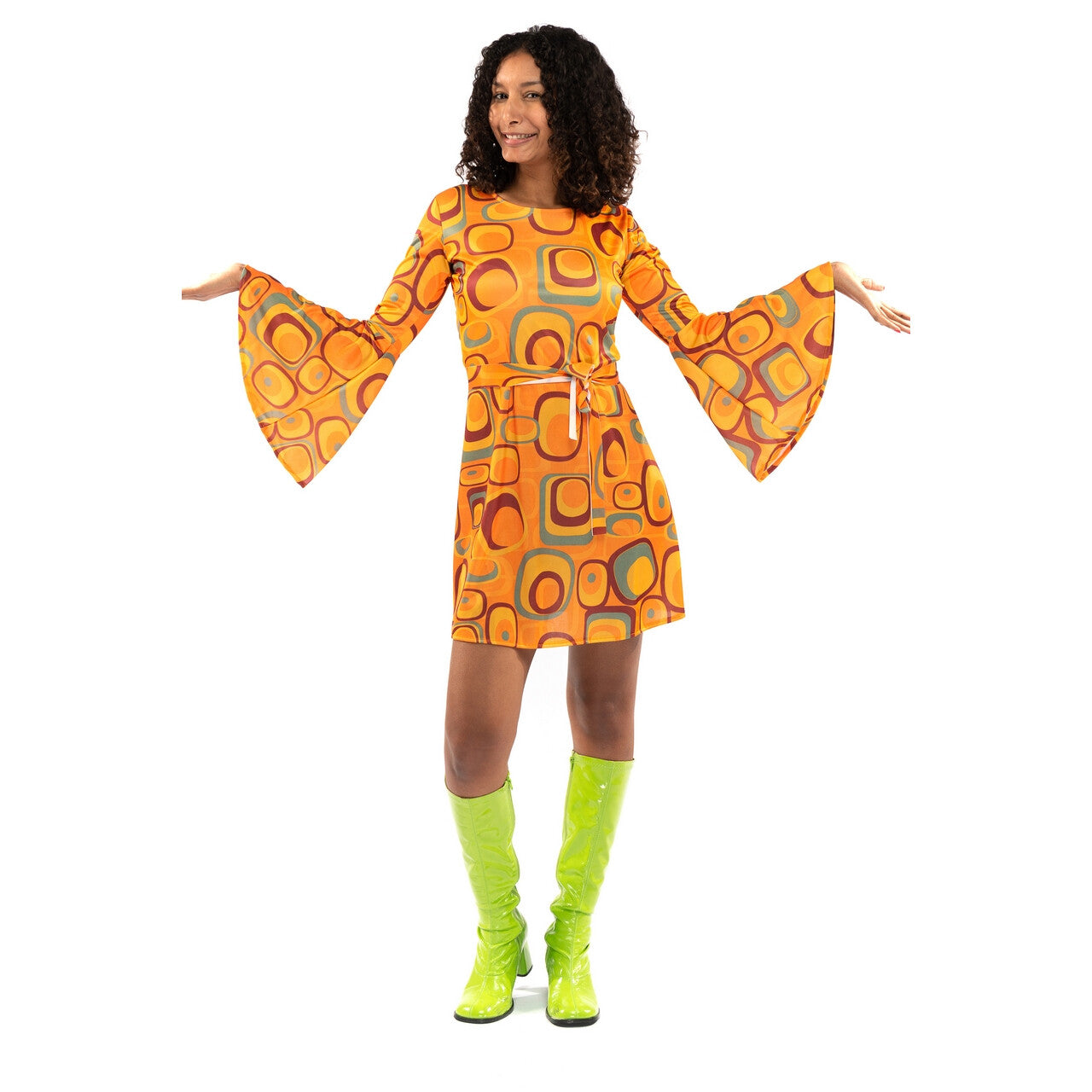 Op deze afbeelding zie je een Kostuums, van het merk Original Replicas. Jaren 70 Hippie Soul Disco 60s Agent Orange Jurk Vrouw