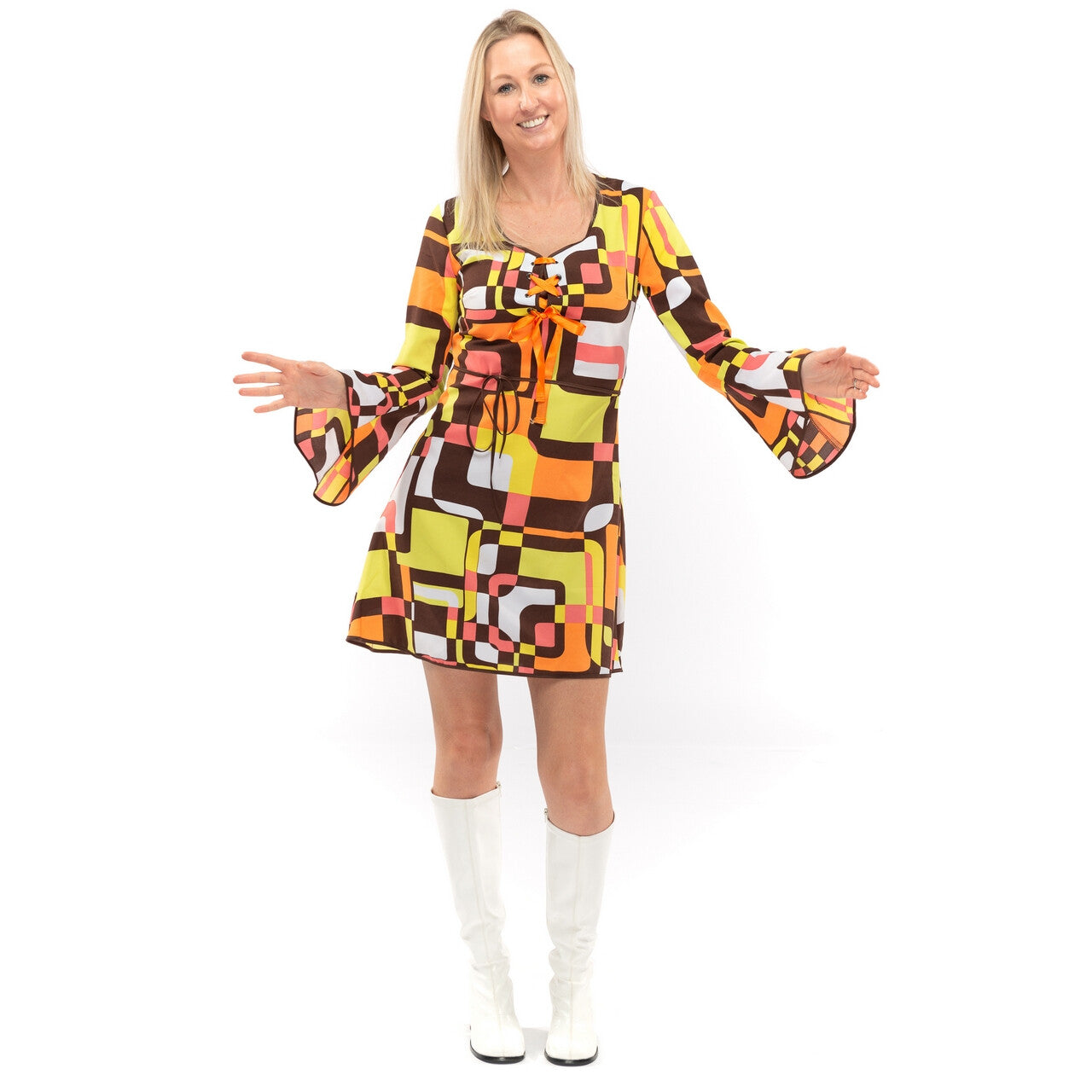 Op deze afbeelding zie je een Kostuums, van het merk Original Replicas. Jaren 70 Hippie Soul Disco 60s Dolle Lijnen Vrouw Kostuum