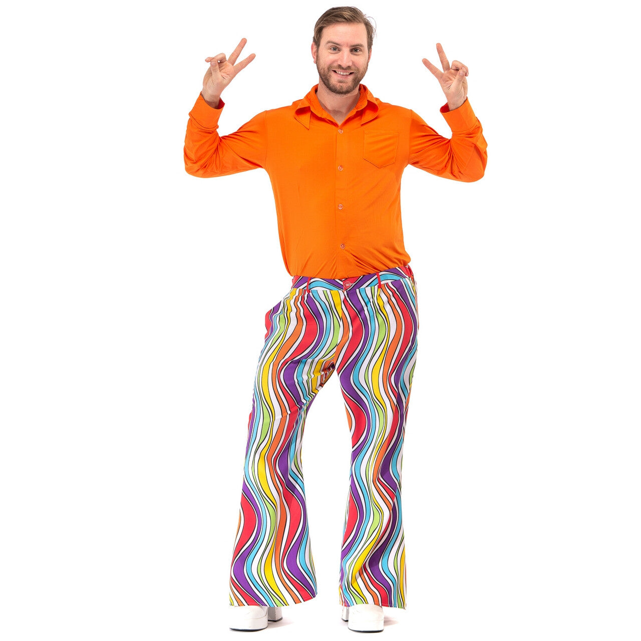 Op deze afbeelding zie je een Kostuums, van het merk Original Replicas. Jaren 60 Regenboog Flower Power Hippie Festival Broek Man