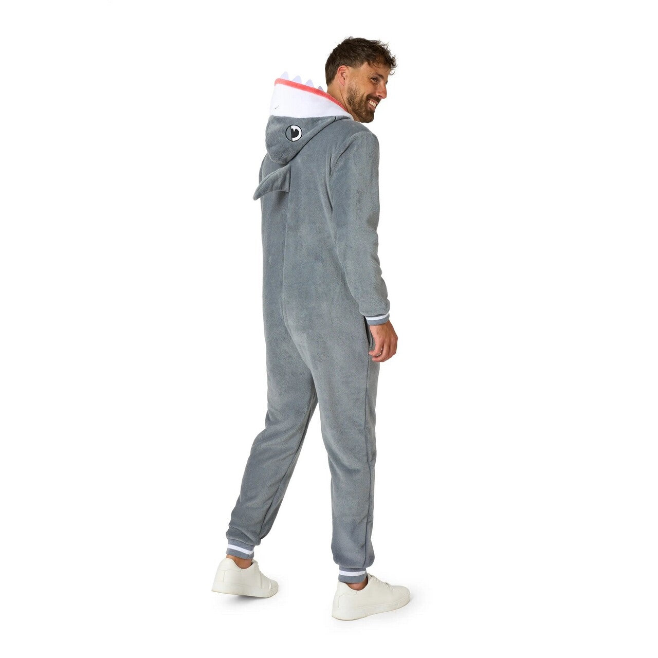 Op deze afbeelding zie je een Kostuums, van het merk Opposuits. Niet Zo Gevaarlijke Shark Onesie Man Kostuum