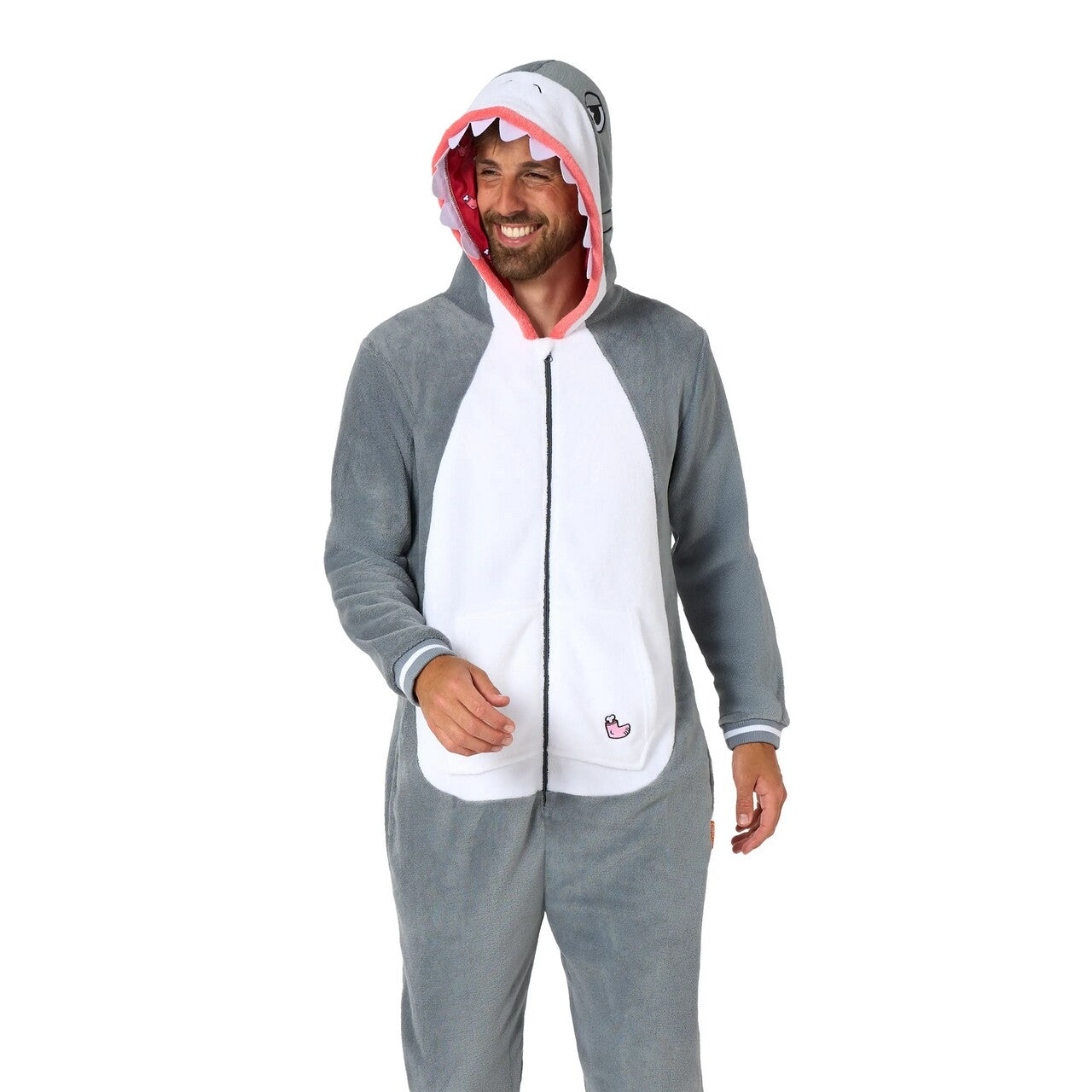 Op deze afbeelding zie je een Kostuums, van het merk Opposuits. Niet Zo Gevaarlijke Shark Onesie Man Kostuum