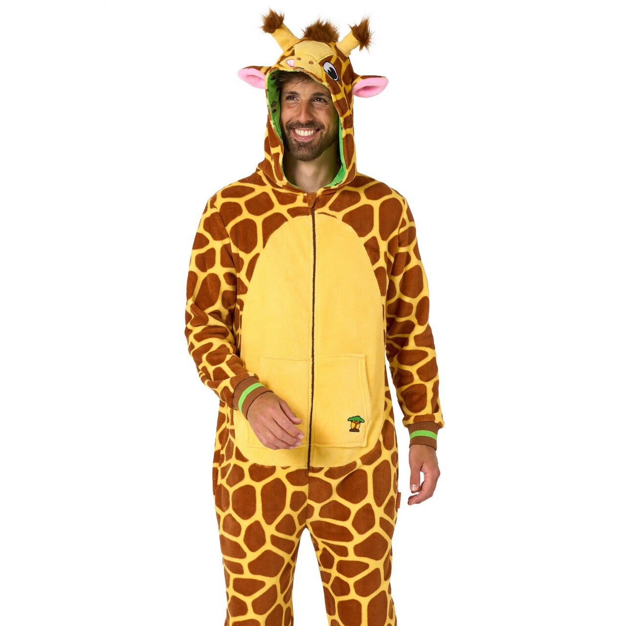 Op deze afbeelding zie je een Kostuums, van het merk Opposuits. Geer De Giraffe Onesie Man Kostuum