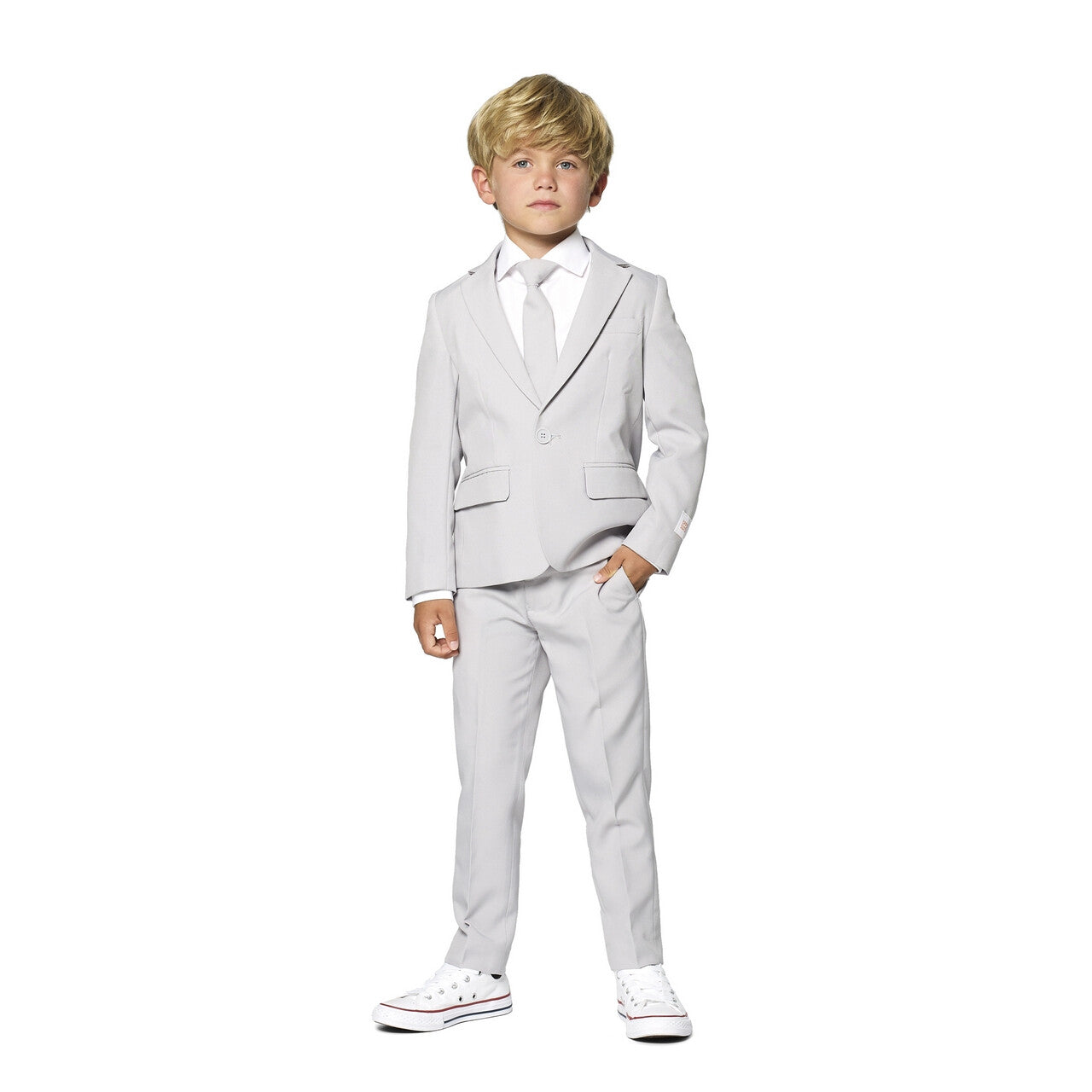 Op deze afbeelding zie je een Kostuums, van het merk Opposuits. Grijze Bruidsjonker Zonder Ringen Jongen Kostuum